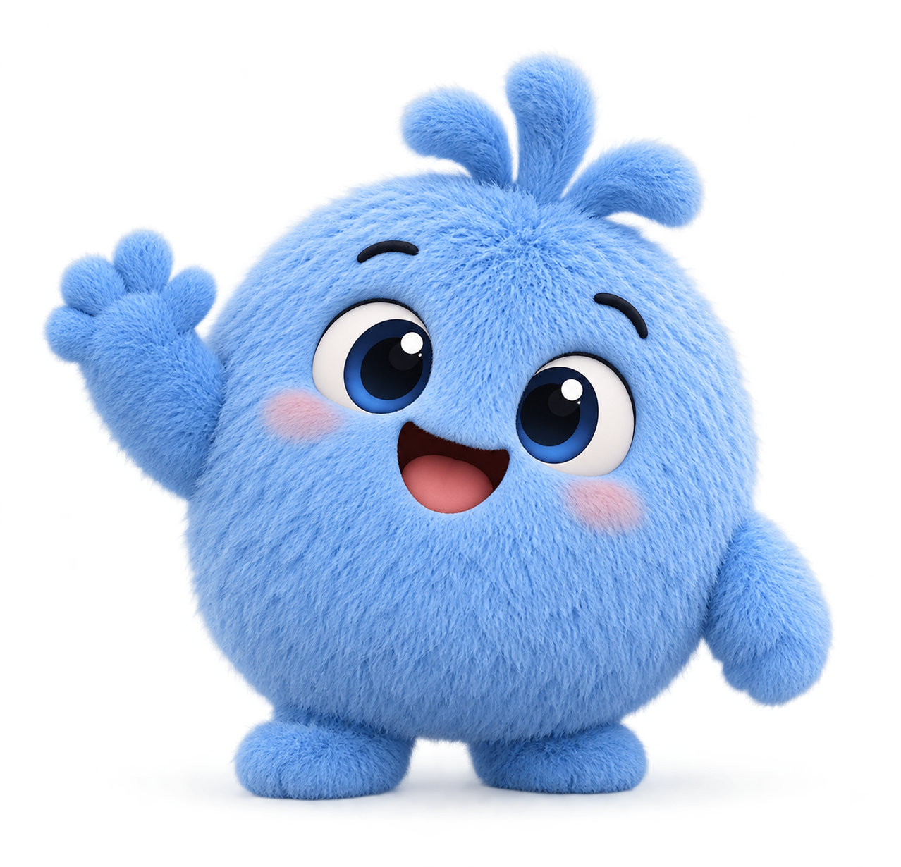 A fluffy light-blue mascot waving hello